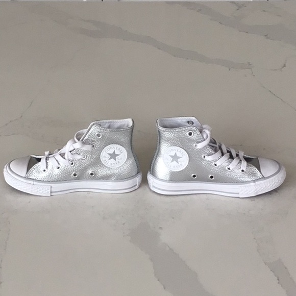 New without box silver leather Converse high tops, size 11 - Picture 2 of 5